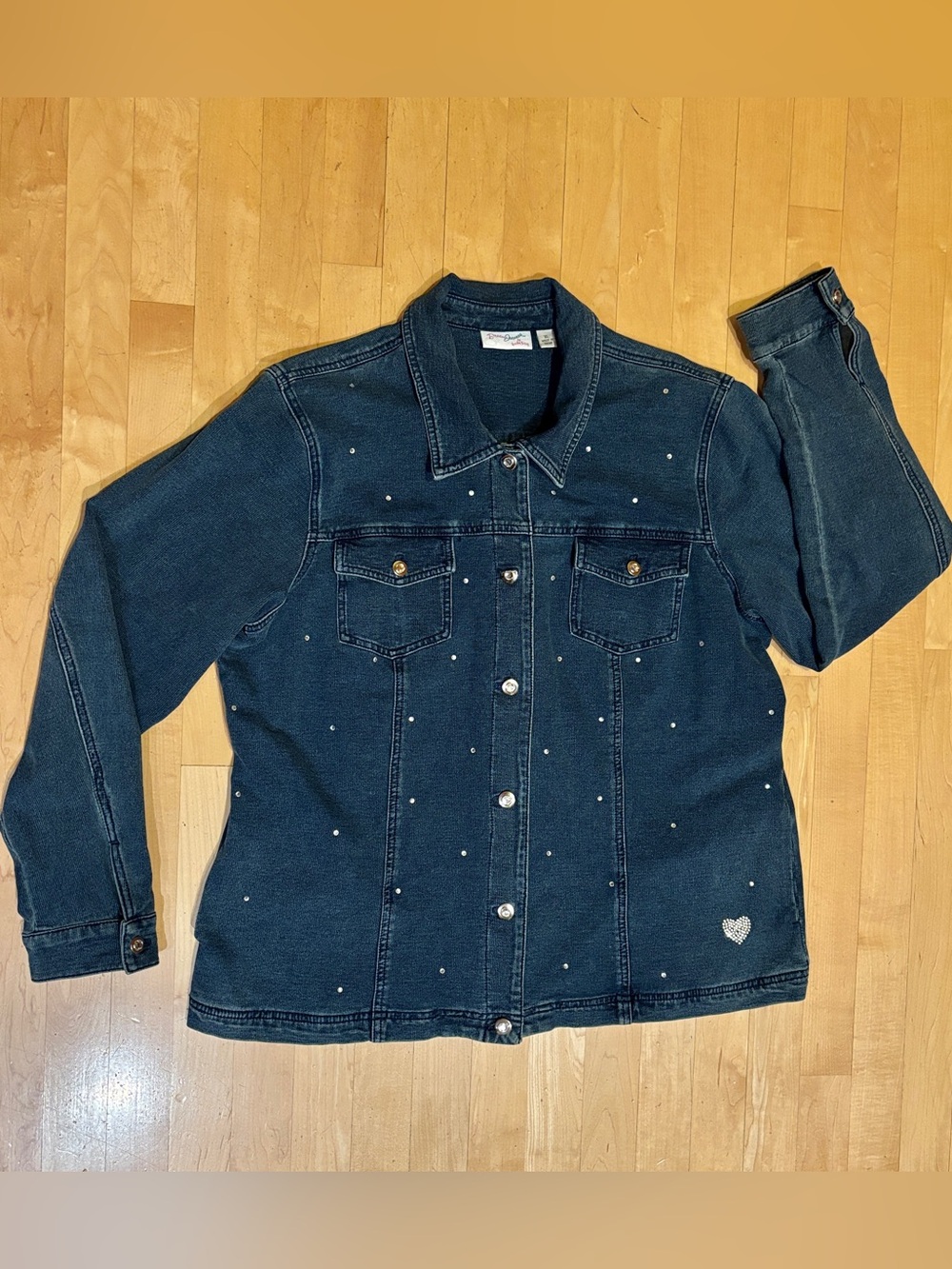 Quacker Factory Trucker Jacket Blue Denim Cotton Stretch Rhinestones -XL